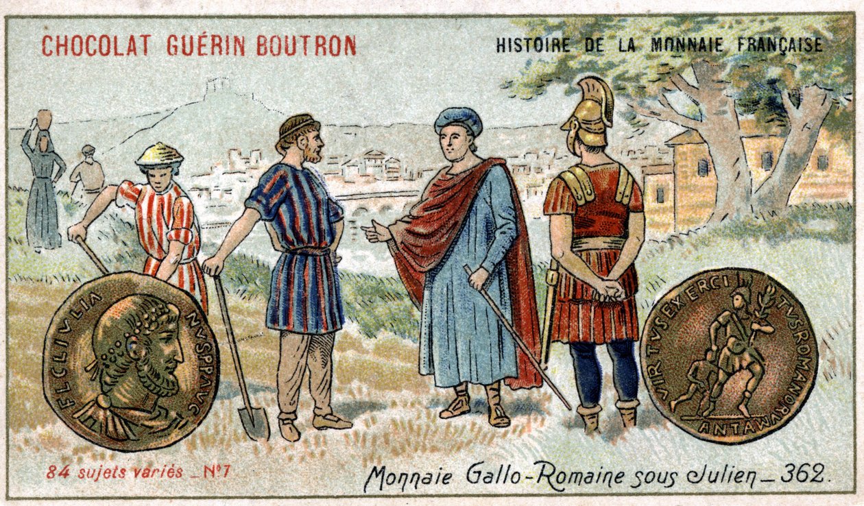 Serie Histoire de la Monnaie Française uitgegeven door Chocolat Guérin Boutron. Chromolithografie 19e eeuw. Gallo-Romeinse munten onder Julien door Unknown artist