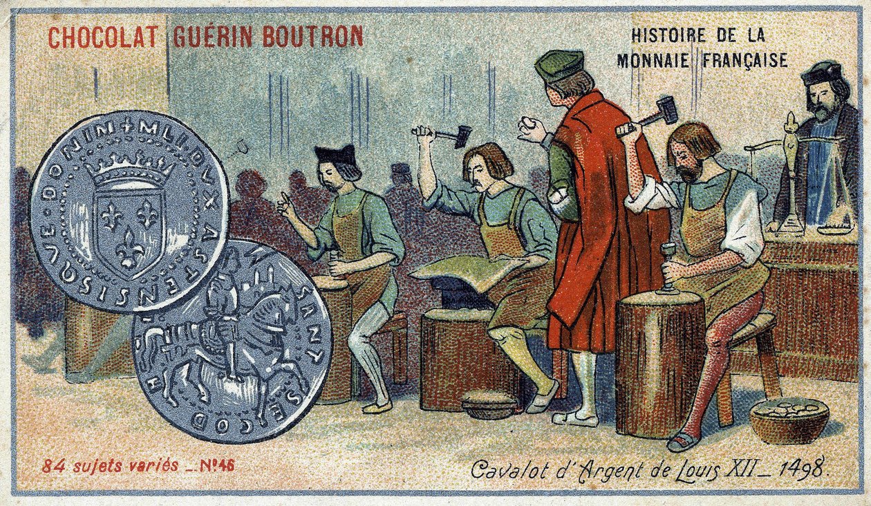 Serie Histoire de la Monnaie Française uitgegeven door Chocolat Guérin Boutron. De zilveren Cavalot van Lodewijk XII. 1498 door Unknown artist