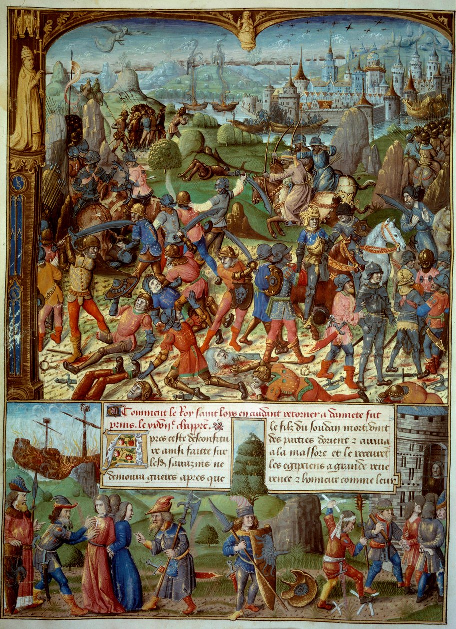 Zevende Kruistocht (1248-1254). Bovenaan, Lodewijk IX (Saint Louis) (1215-1270), koning van Frankrijk, met de kruistochten na te zijn verslagen door de Saracenen bij Mansourah in 1250. Ze trokken zich terug achter de torens van Damascus. Lodewijk IX en zij door Unknown artist