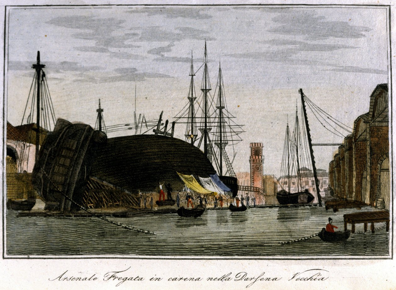 Schip neergeschoten in de romp. Venetiaanse fregat waarvan de romp wordt gerepareerd in het arsenaal. Gravure uit de 19e eeuw door Unknown artist