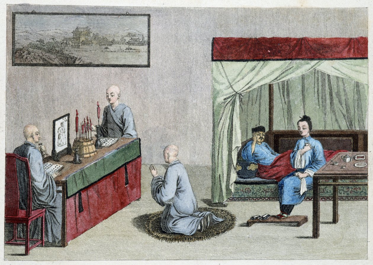 Zieke man in bed en gebed van monniken - China door Unknown artist