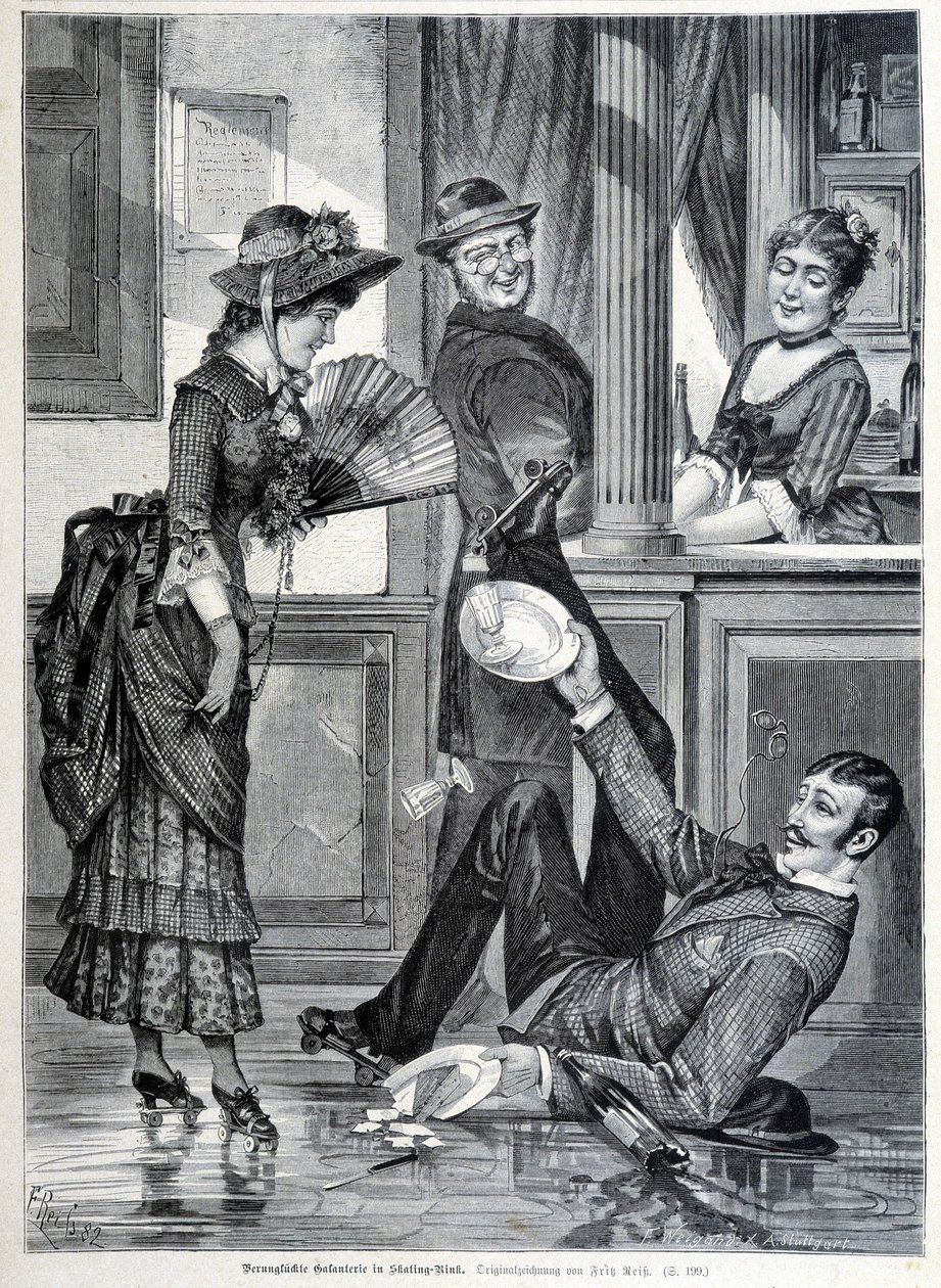 Schaatsscène in een brouwerij. Een jongen valt en breekt de borden die hij droeg (1883) door Unknown artist