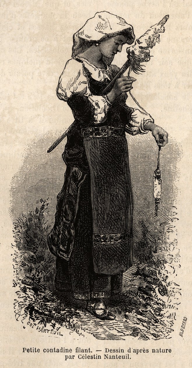 Kleine contadine (boerin) uit de omgeving van Rome, wol spinnend met haar spinrok. Gravure ter illustratie van de reis naar Rome, door Francis Wey, in 1864-1870, gepubliceerd in 