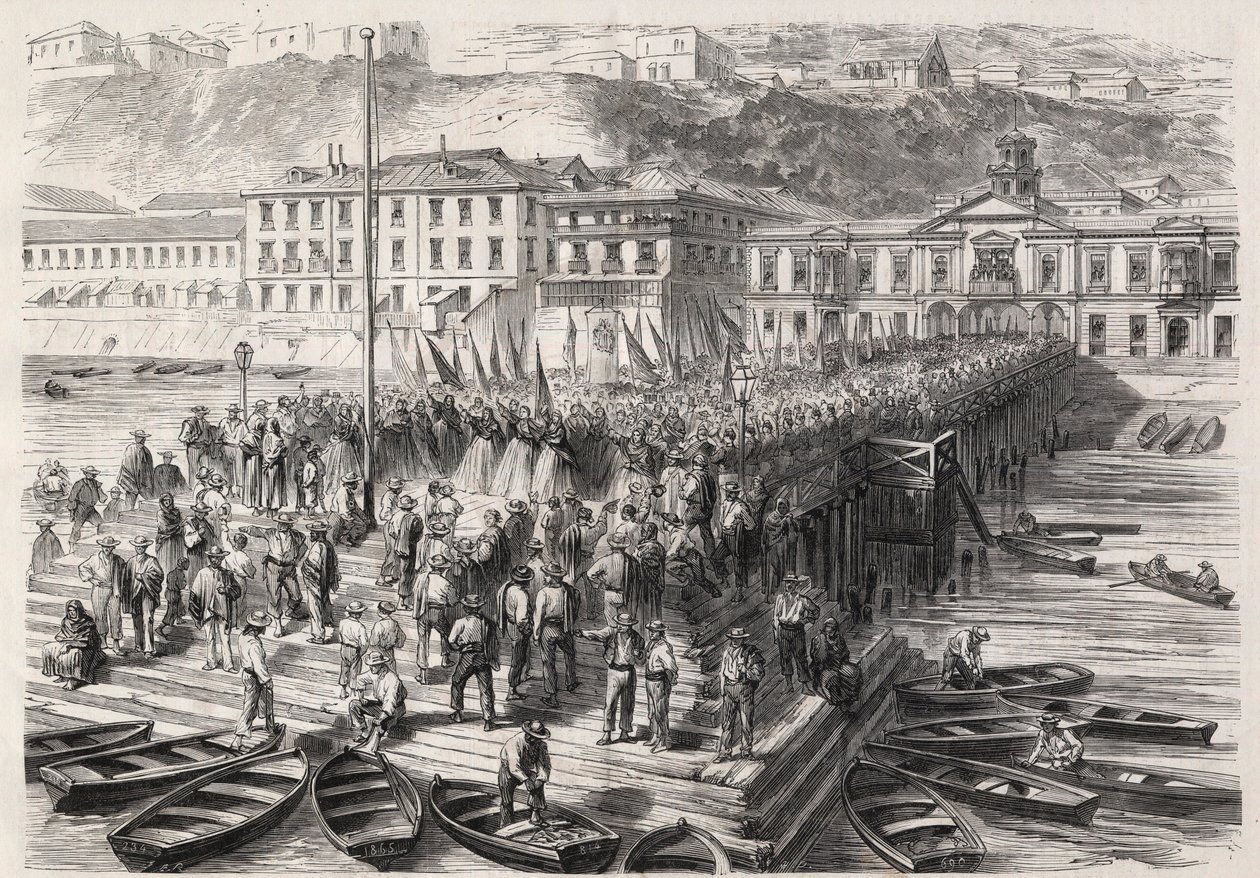 Zuid-Amerikaanse Hispano-oorlog tussen Chili en Spanje, september 1865: de dames van Valparaiso, in aanwezigheid van het Spaanse eskader dat de haven blokkeert, zingen patriottische hymnen - Gravure in 