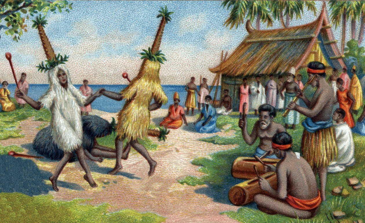 Dansers van de eilanden in de Stille Zuidzee: ze dragen kleding gemaakt van kolibrieveertjes, kaketoes en paradijsvogels bij religieuze ceremonies. Chromolithografie uit de 19e eeuw door Unknown artist