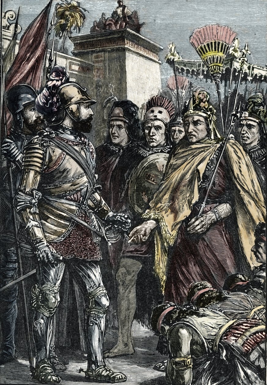 Spaanse verovering van Mexico: ontmoeting tussen Hernan Cortes en Montezuma II in 1519 door Unknown artist