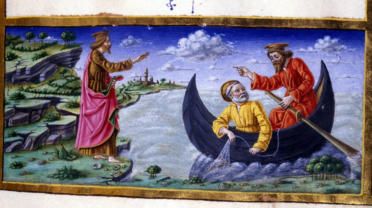 Sint-Pieter: Vissen op het Meer van Tiberias. Miniatuur van de 15e eeuw. Milaan, Biblioteca Trivulziana door Unknown artist