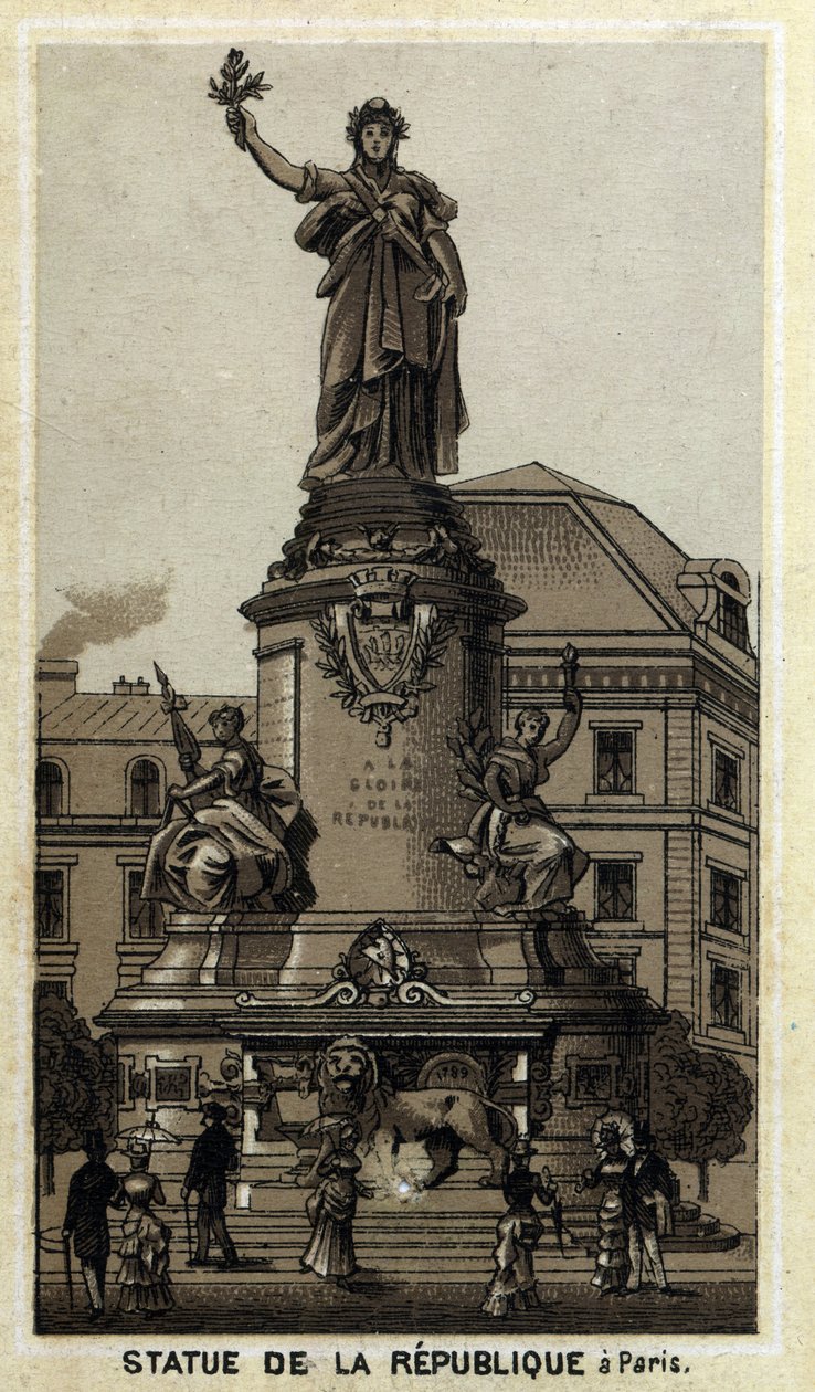 Standbeeld van de Republiek, Place de la Republique in Parijs. Chromolithografie uit de late 19e eeuw door Unknown artist