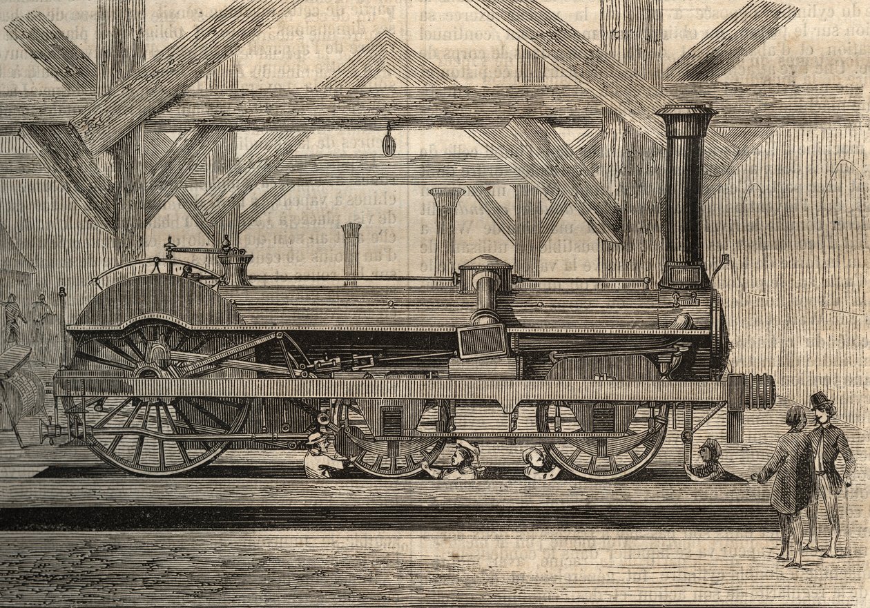 Stoomlocomotiefmodel, Crampton-systeem genaamd Thomas Russell Crampton (1816-1888). Gravure uit 1856. door Unknown artist