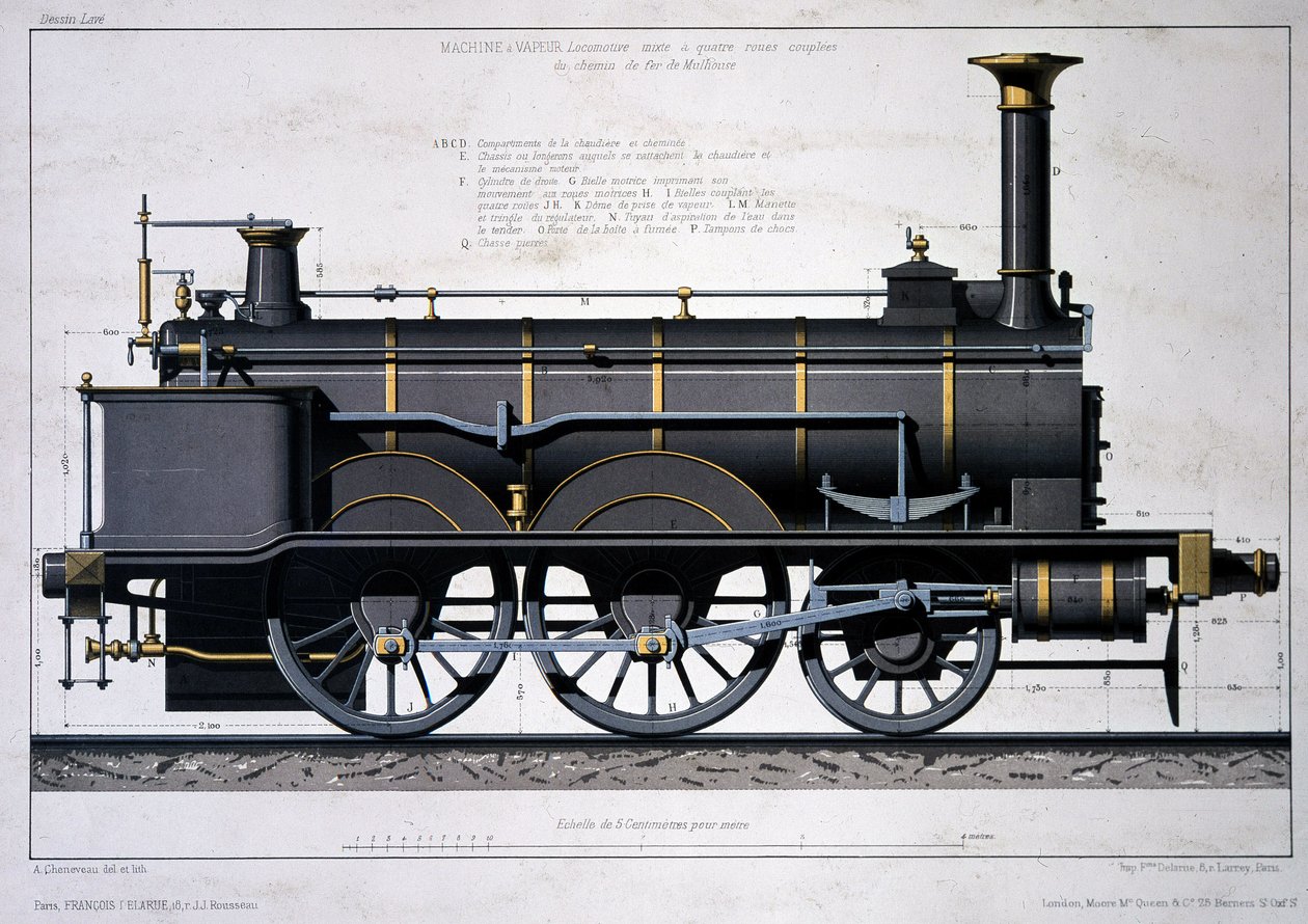 Stoomlocomotief van de Mulhouse Spoorweg - tekening in de was door Unknown artist