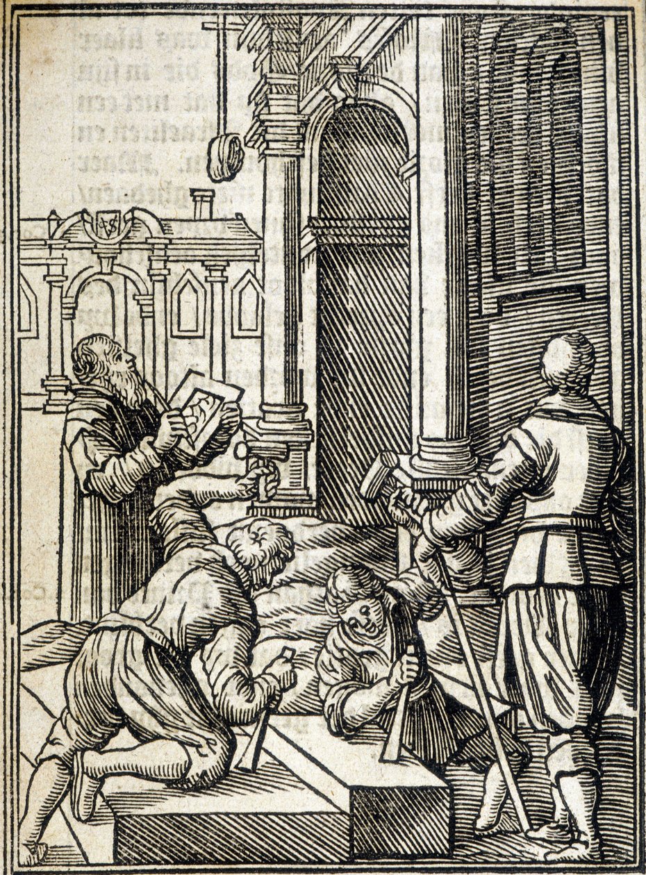 Steenhouwers aan het werk bij de bouw van een kathedraal - gravure door Unknown artist