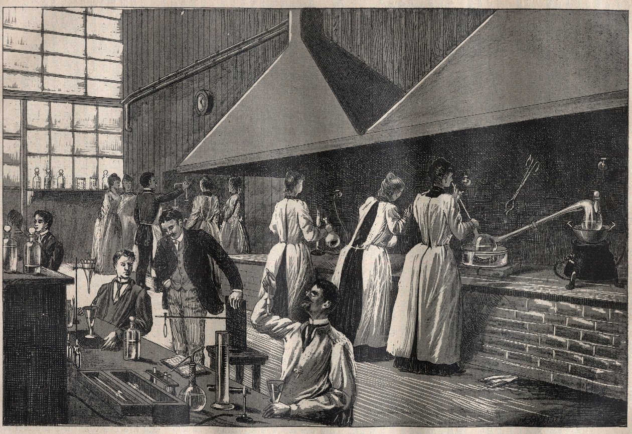 Studenten en professoren in het praktische laboratorium van het Conservatoire des Arts et Metiers (Arts-et-Metiers) van Parijs door Unknown artist