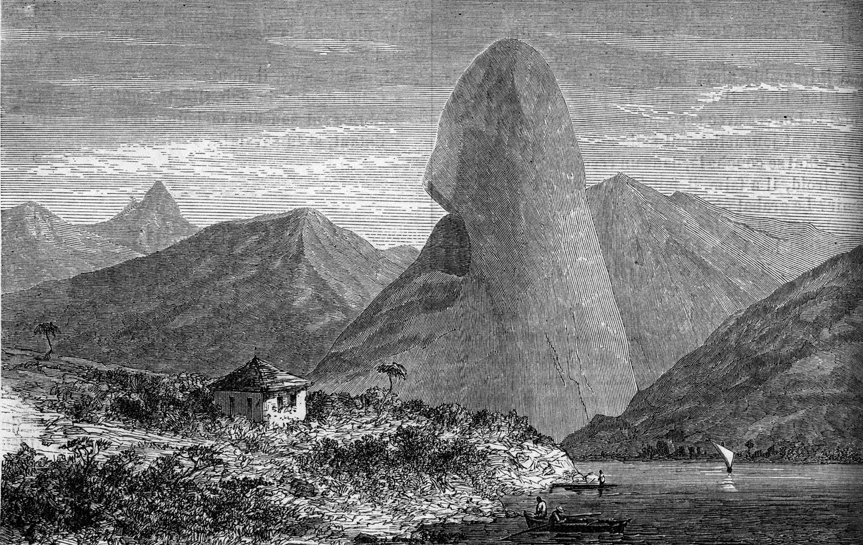Suikerbroodberg, nabij Rio de Janeiro, Brazilië. Gravure in 