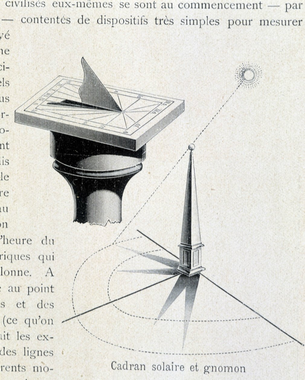 Zonnewijzer en gnomon (17e eeuw) - gravure in 