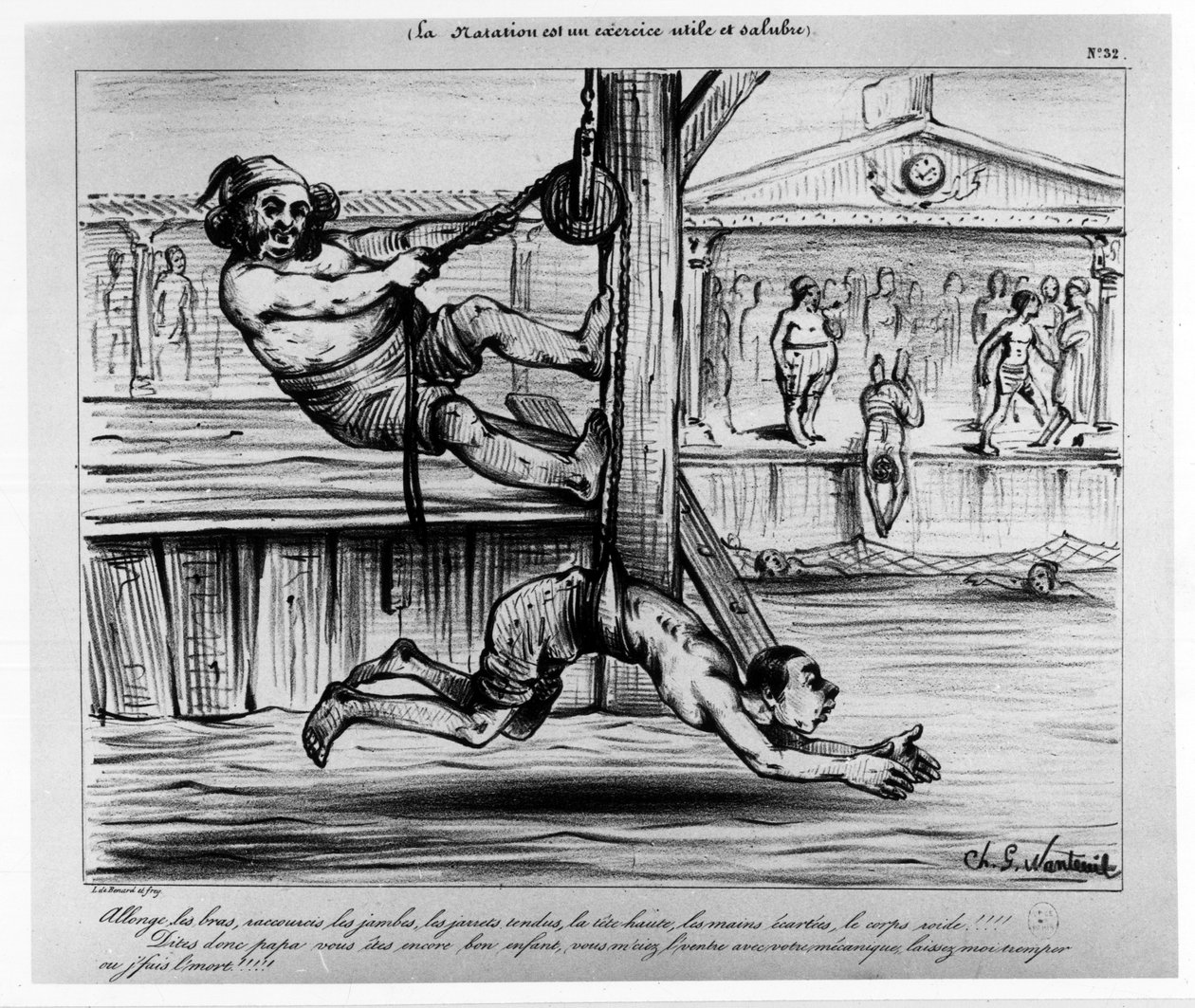 Zwemmen is een nuttige en gezonde oefening: een humoristische oefening over het leren zwemmen - Musée Carnavalet, sd, circa 1850 door Unknown artist