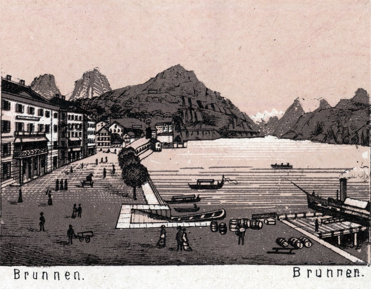 Zwitserland: uitzicht op de stad Brunnen. Uit 