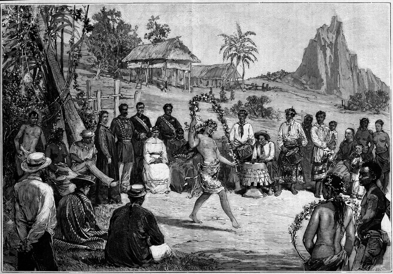 Tahiti: Thaise dansen in Papeete, voor het hof van koning Pomare V door Unknown artist
