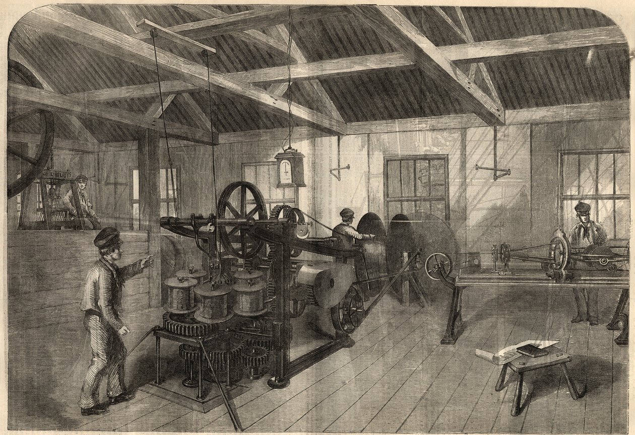 Telegrafie: fabricage van trans-Atlantische kabel in de fabriek van Glass, Elliot and Company in East Greenwich (Engeland). Gravure in 