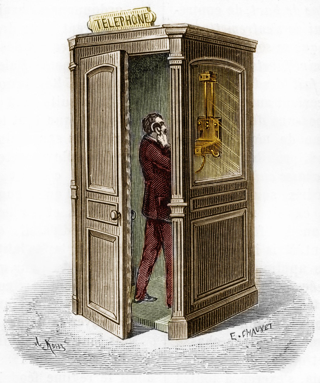 Telefooncel in 1888. Gravure in 