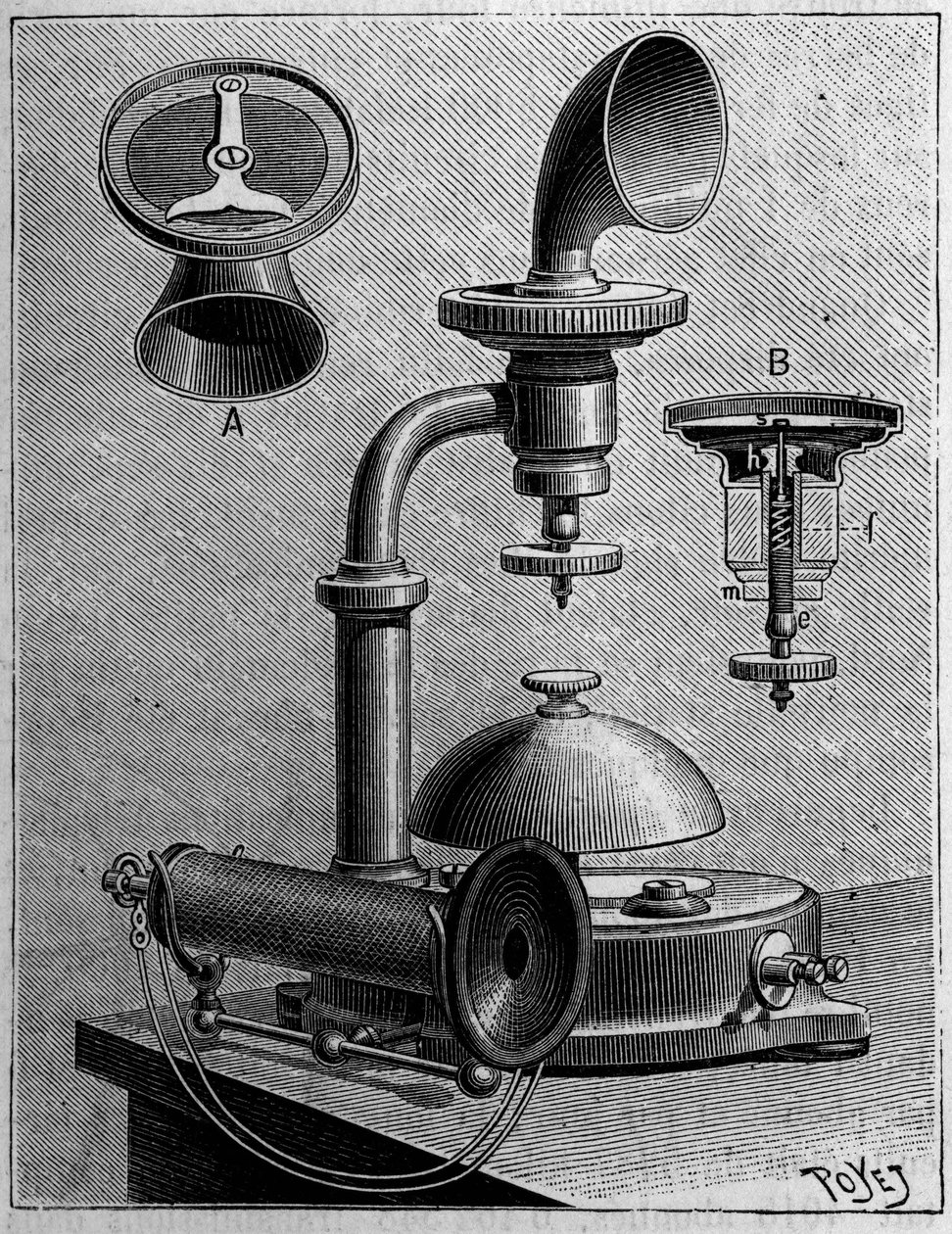 Telefonie in Zweden: model van een telefoon van de Ericsson Company. Gravure in La Nature: revue des sciences et de leurs applications aux arts et a l