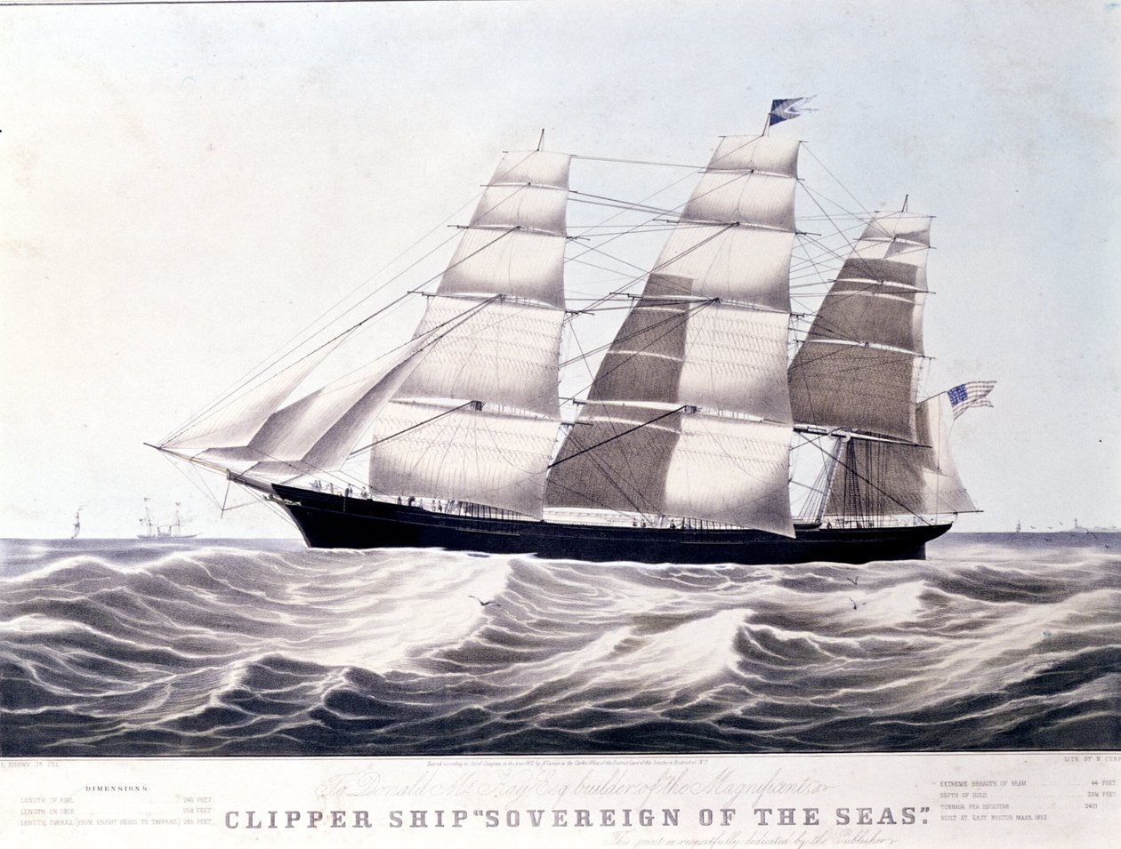 De Amerikaanse clipper Sovereign of the Sea rond 1852. Lithografie van de 19e eeuw door Unknown artist