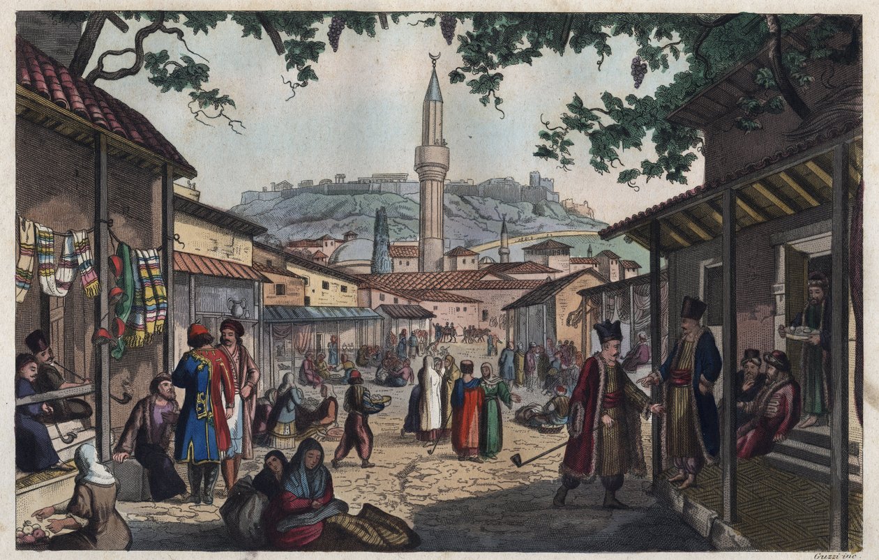 De bazaarmarkt van Athene in het begin van de 19e eeuw - gravure uit 
