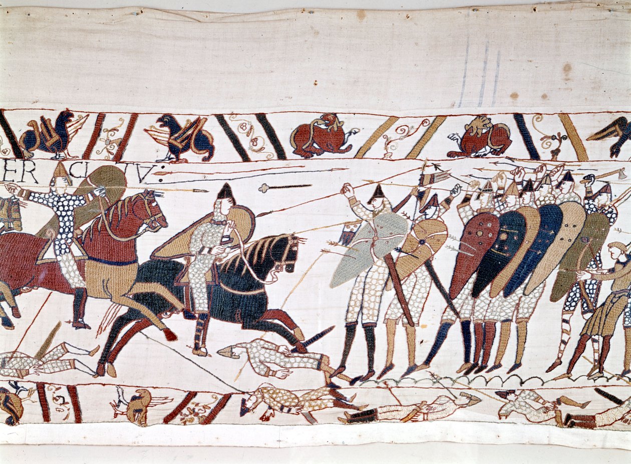 De Slag bij Hastings, gewonnen door Willem I de Veroveraar op 14/10/1066 waarbij koning Harold II van Engeland stierf. Tapijt van Bayeux, bekend als Borduurwerk van Koningin Mathilde door Unknown artist