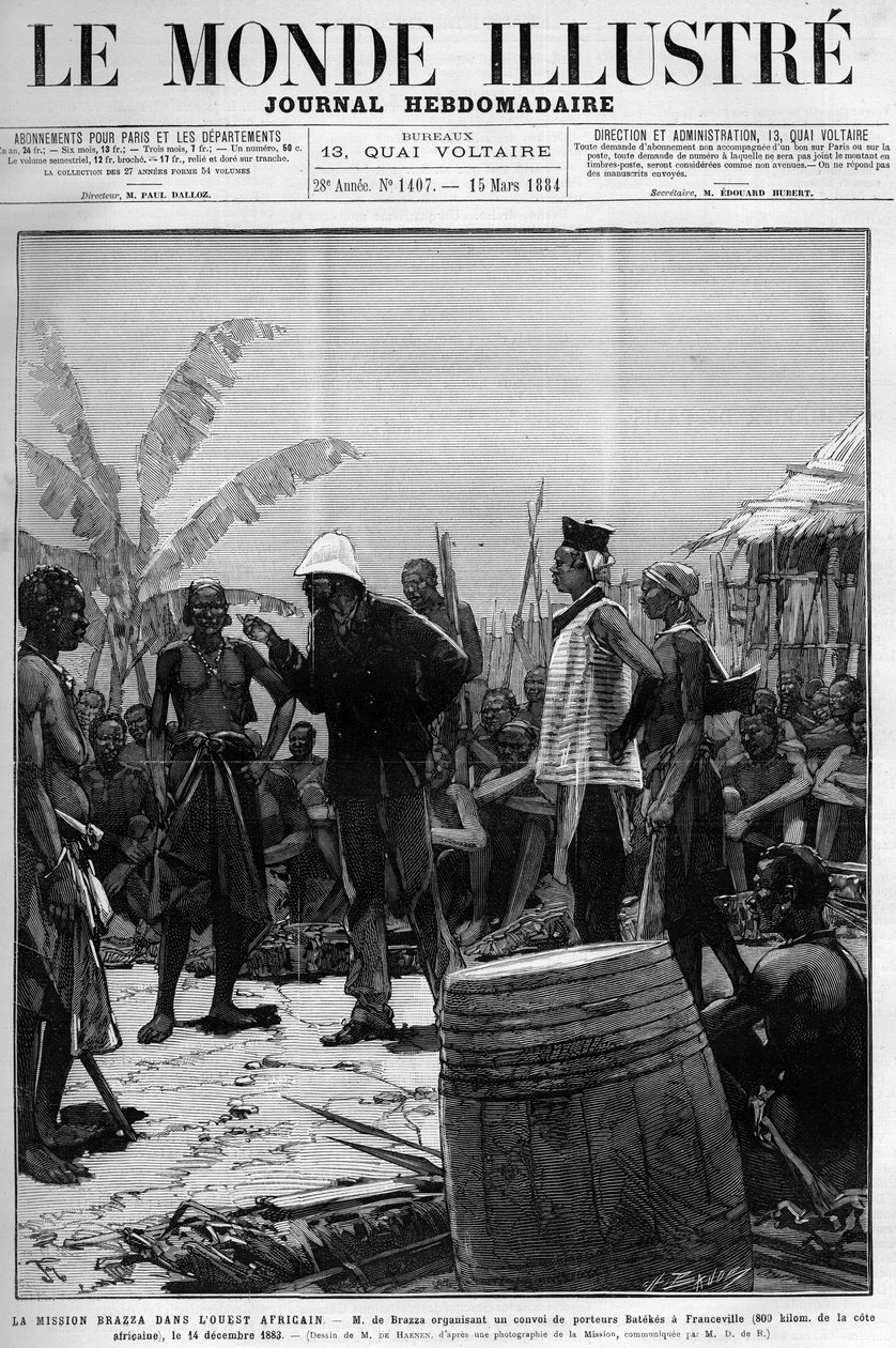 De Brazza-missie in West-Afrika: Pietro Paolo Savorgnan di Brazza of Pierre Paul Francois Camille Savorgnan de Brazza (1852-1905) organiseert een konvooi van Batekes-dragers naar Franceville (Gabon) op 14 december door Unknown artist