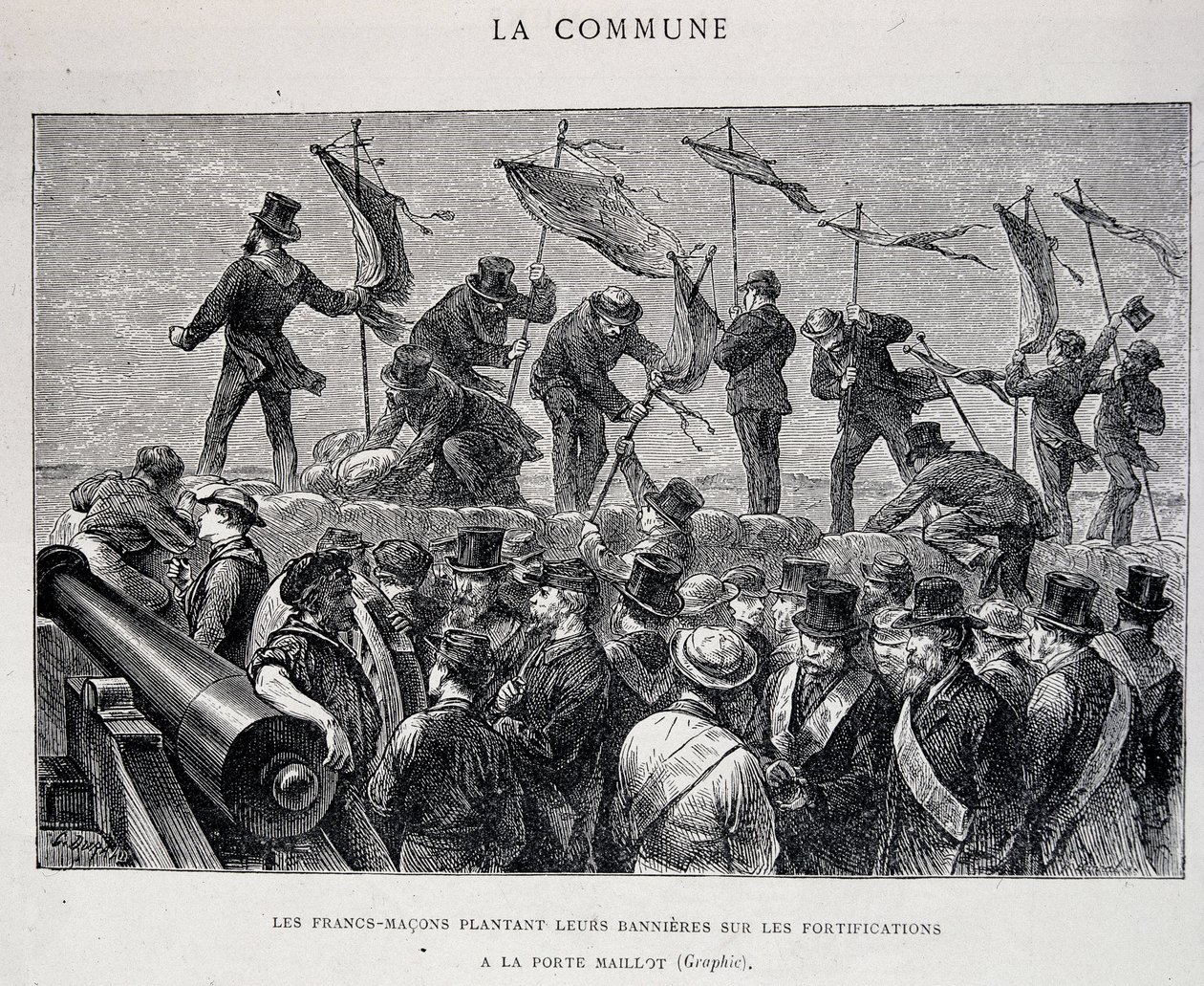 De Commune: Vrijmetselaars planten hun vlaggen op de vestingwerken bij Porte Maillot (1871) - gravure door Unknown artist