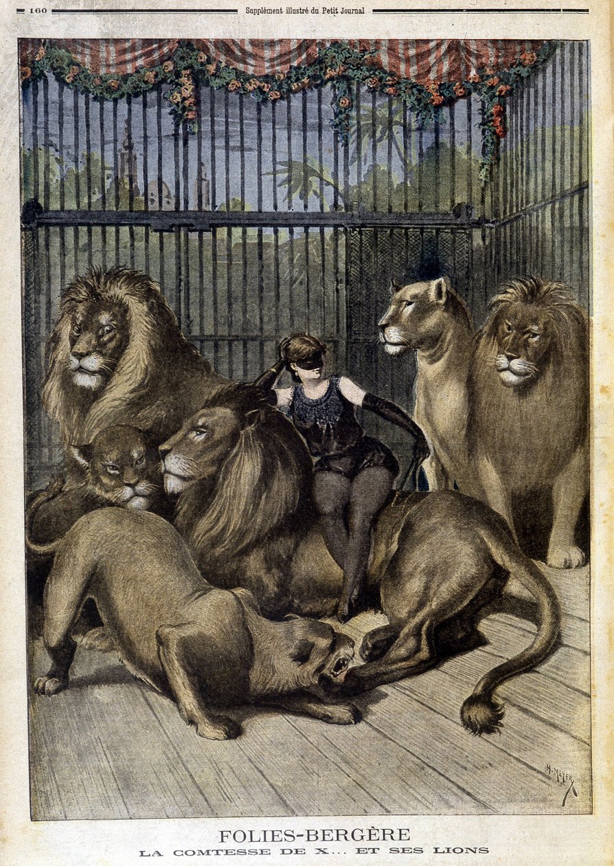 De gravin van X... en haar leeuwen in de show bij de Folies Bergère in Parijs. In Le petit Journal, op 19/05/1895 door Unknown artist