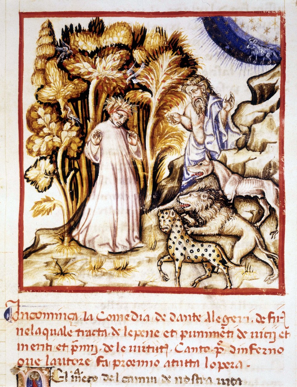 De Goddelijke Komedie van Dante Alighieri. Miniatuur die Dante, Virgil en de drie beesten afbeeldt. 14e-eeuws manuscript. Gemeentelijke Bibl. van Rimini door Unknown artist