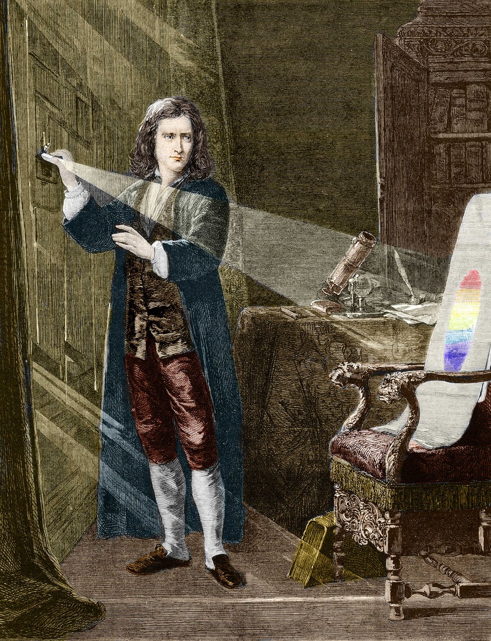 De Engelse natuurkundige Isaac Newton (1642-1727) die licht ontleedt met een glazen prisma door Unknown artist