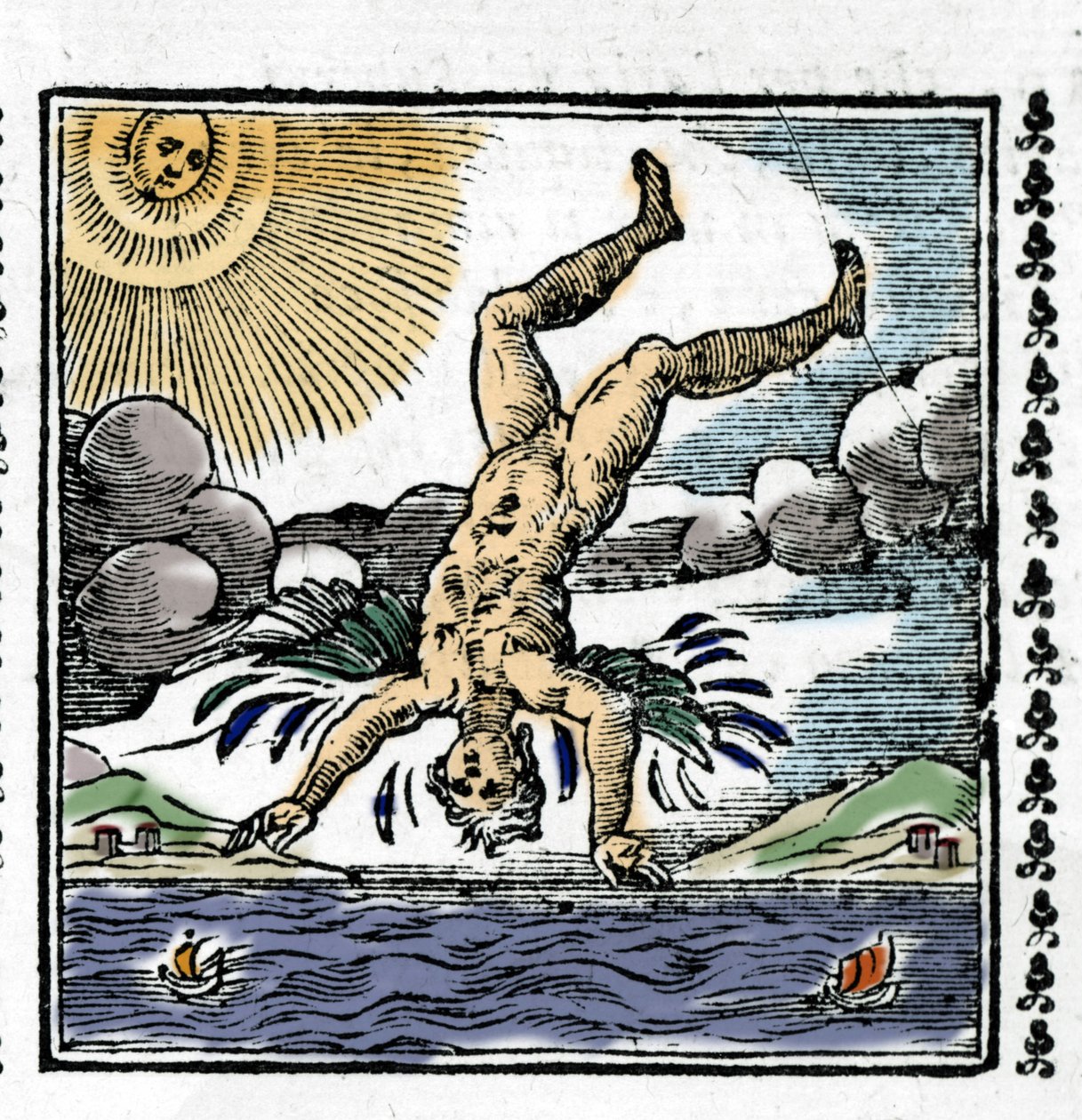 De val van Icarus - De val van Icarus. Kleurrijke xylografie. 16e eeuw. door Unknown artist