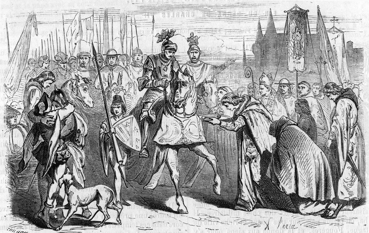 De Fransen gingen op 23 juni 1451 naar Bordeaux onder Karel VII, het einde van de herovering tegen de Engelsen. Gravure van de 19e eeuw door Unknown artist