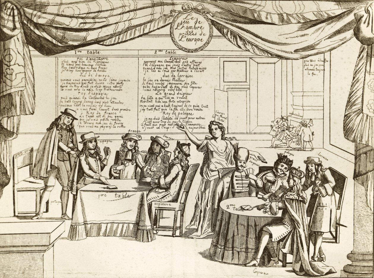 Het spel van de Hombre van de Prinsen van Europa - Hombre, metafoor van internationale politiek - 1685 - Europa wordt in stukken gesneden door ongecontroleerde vorsten die hun territoria als hun eigen eigendom 