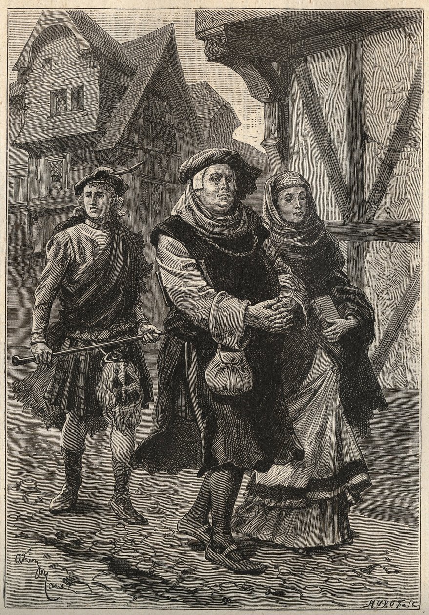 De handschoenmaker begeleidt zijn dochter naar de kerk - 19e eeuw illustratie voor de historische roman 