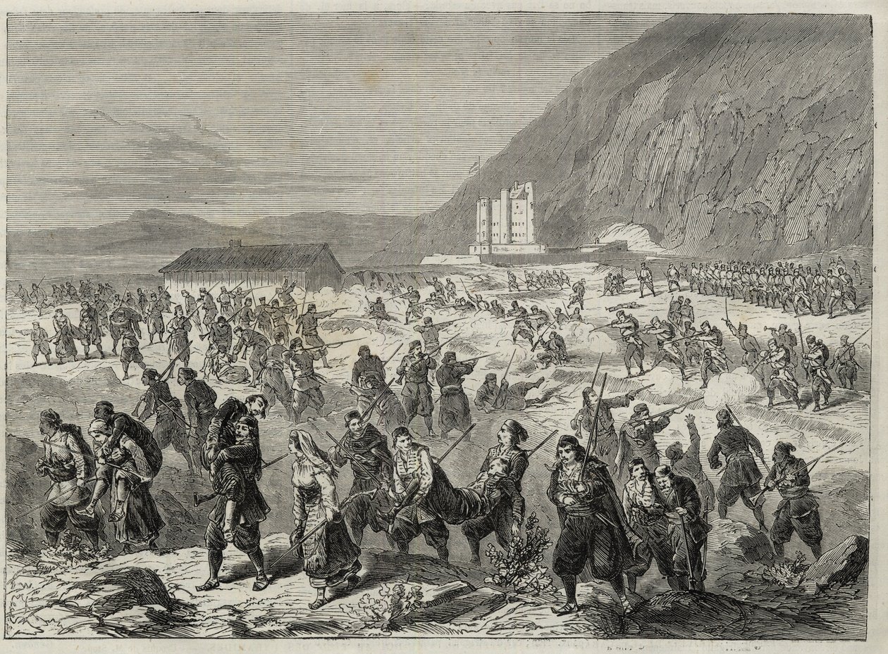 De opstand in Dalmatië (de Bocche di Cattaro) - opstand tegen de dienstplicht opgelegd door de Oostenrijkse regering - DALMATIË GEBEURTENISSEN. OPSTANDIGEN AANVALLEN HET STAATSTRINITA FORT, NABIJ CATARO (Bouches van Kotor) - Baai van Kotor - 1869. door Unknown artist