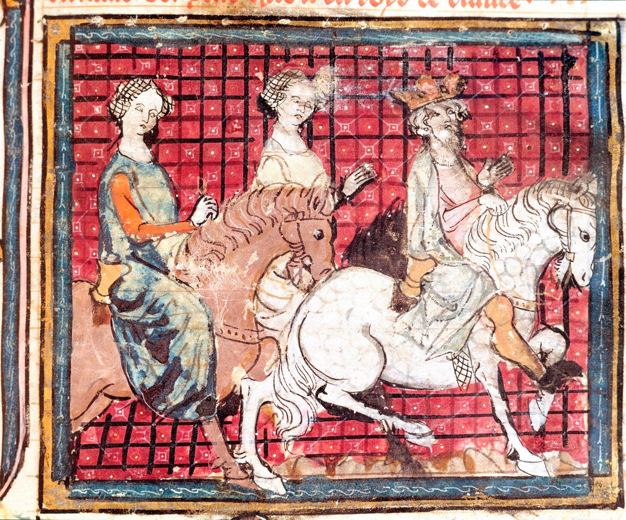 De koning van de Franken Chilperic I (543-597) en Fredegonde te paard. Miniatuur uit 