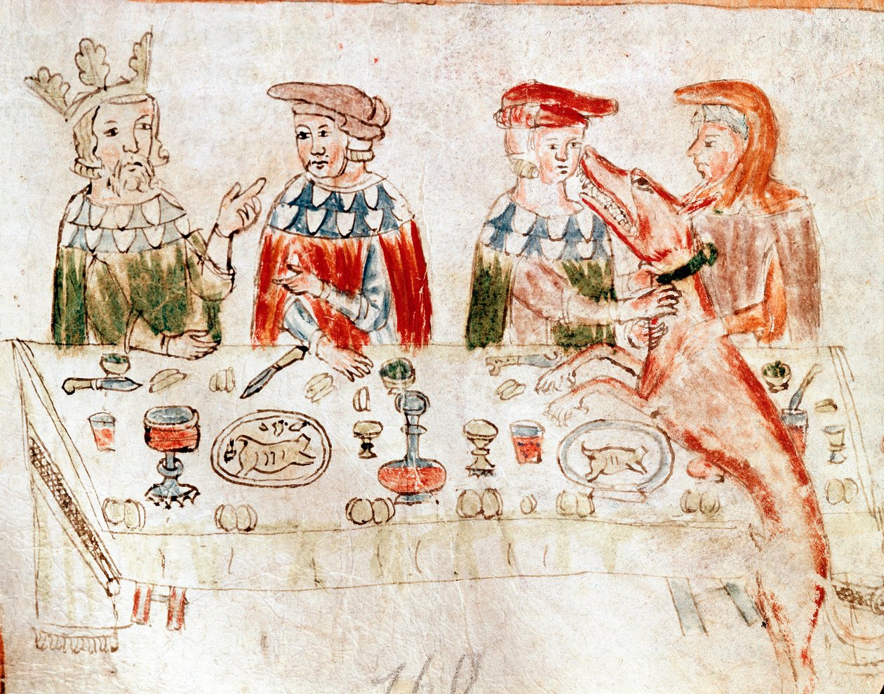 De koning van de Franken Pepijn III de Korte (714-768) en zijn zoon Karel de Grote aan een banket. Miniatuur uit een 12e-eeuws manuscript door Unknown artist