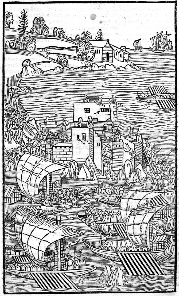 De Ridders van Rhodos (de Orde van de Hospitaalridders van Sint-Jan van Jeruzalem) vallen Rhode Island aan in "Rhodiorum Historia" door Guilelmus Caorsin, Ulmae, Joh. Reger 24 oktober door Unknown artist