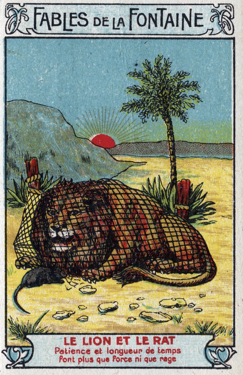 De Leeuw en de Rat - Fabels van Jean de La Fontaine (1621-95) - Chromolithografie eind 19e eeuw Privécollectie door Unknown artist