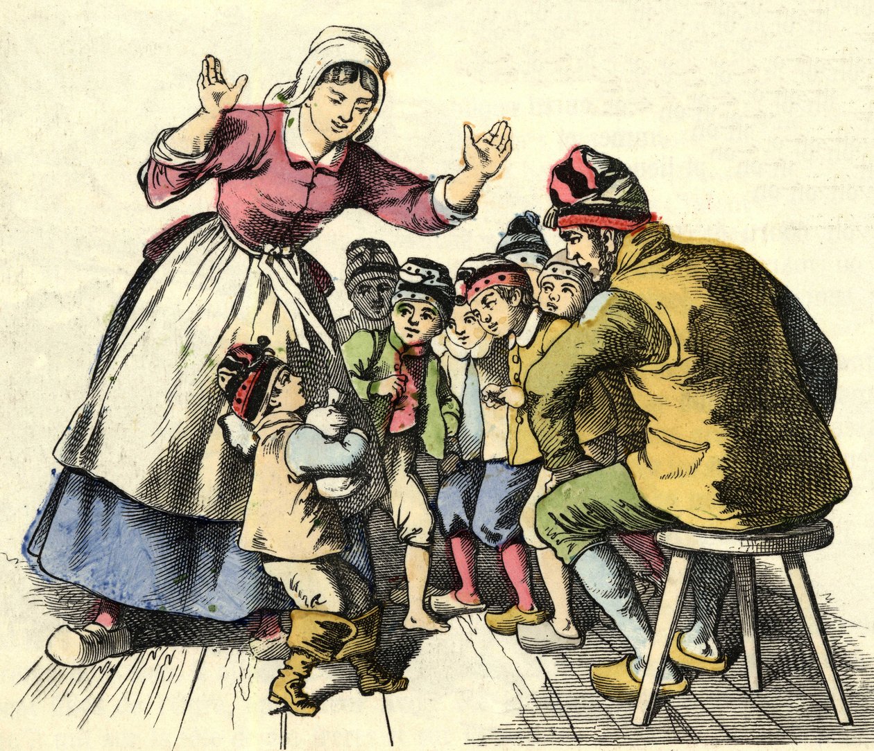 Klein Duimpje en zijn broers gaan terug naar hun ouders (illustratie van het sprookje 
