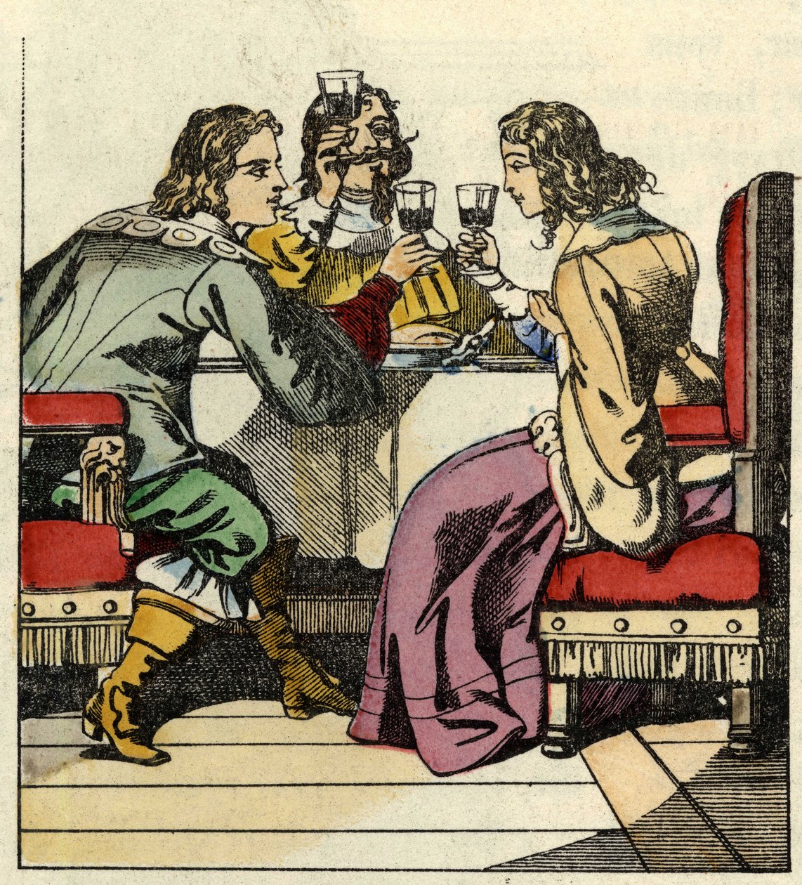 De Markies van Carabas nodigt de prinses en de koning uit om te eten in het kasteel. Illustratie van het sprookje 
