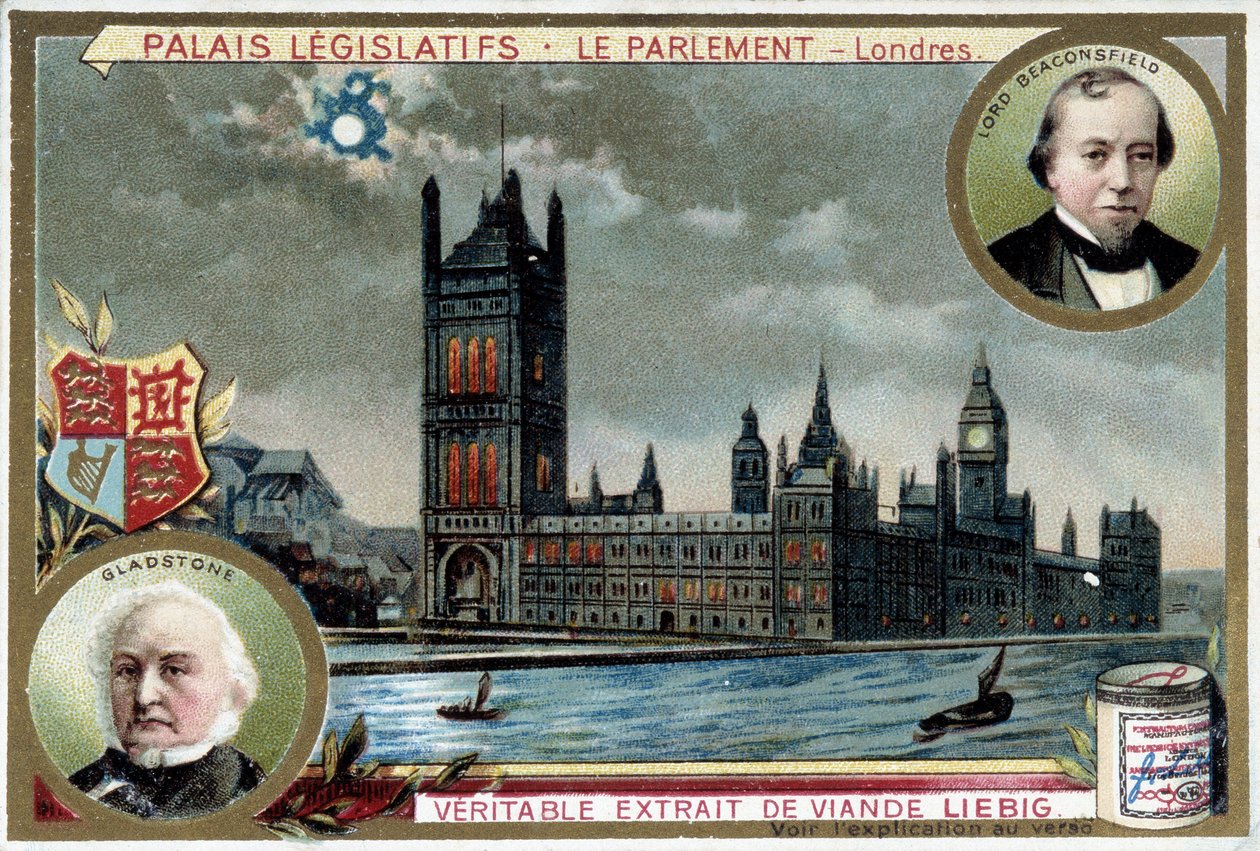 Het Paleis van Westminster, of Parlement van Londen, met portretten van William Ewart Gladstone en Benjamin Disraeli, Lord Beaconsfield door Unknown artist