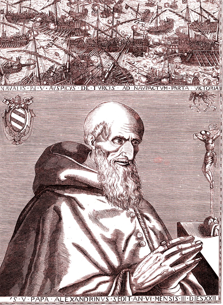 De paus Pius V sluit een alliantie met de Spaanse vloot en de Venetiaanse vloot tegen de Turken in de slag bij Lepanto in oktober 1571 door Unknown artist