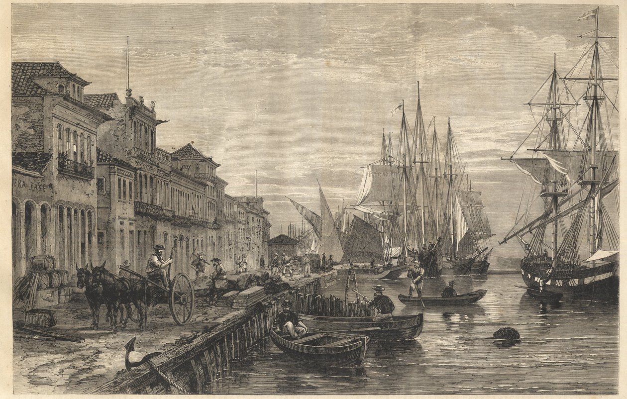 De kade van Boa Vista, in San Pedro de Rio Grande do Sul, een zeehaven van Brazilië - Le quai de Belle-Vue, in San Pedro de Rio Grande (Brazilië) - Kapiteinschap van Sao Pedro do Rio Grande do Sul - Gravure uit 