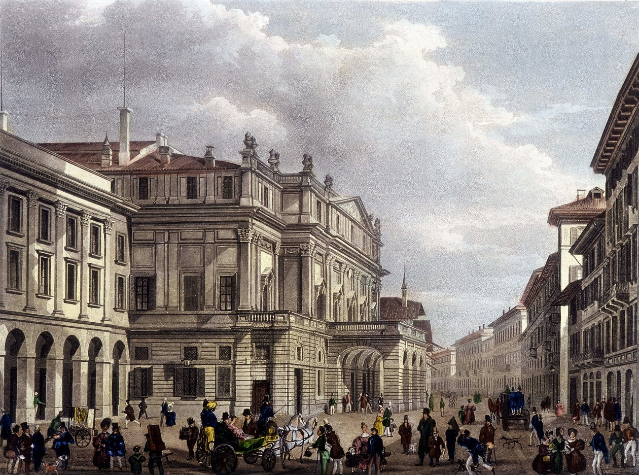 Het Teatro alla Scala in Milaan aan het begin van de 19e eeuw. Gravure uit die periode. Museo della Scala de Milan door Unknown artist
