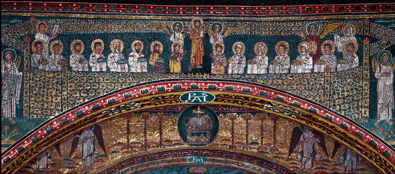 De Visie van Hemels Jeruzalem: De Uitverkorenen worden verwelkomd door de engelen. Hieronder het lam van God. Detail. Mozaïek rond 830. Triomfboog van de Basiliek van Santa Prassede, Rome door Unknown artist