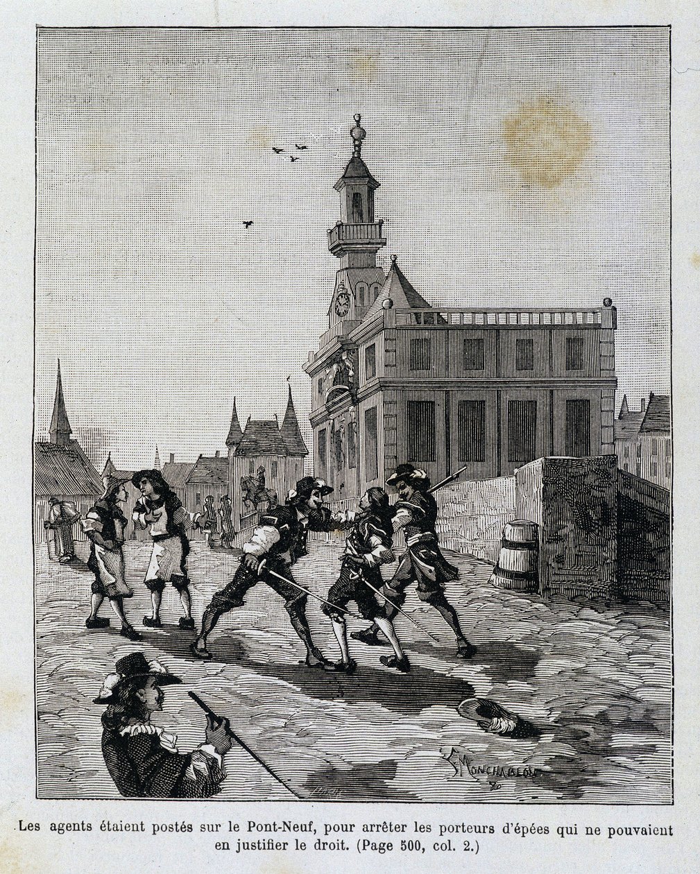De agenten stonden op de Pont Neuf om degenen te stoppen die hun recht niet konden rechtvaardigen door Unknown artist