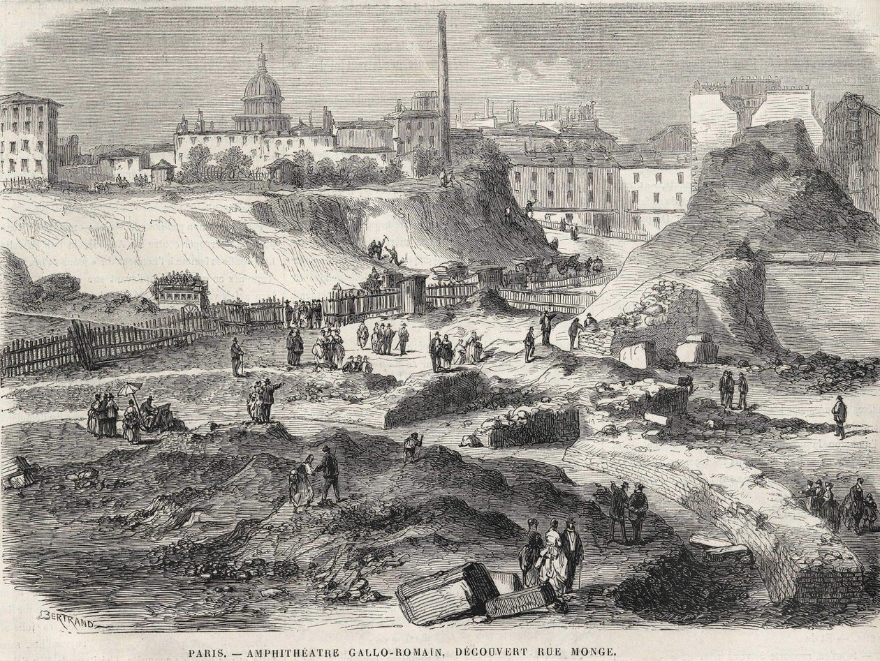 Het amfitheater Gallo Romain ontdekt aan de Rue Monge in Parijs in 1870, tegenwoordig de Arènes de Lutèce. Gravure uit de 19e eeuw. door Unknown artist